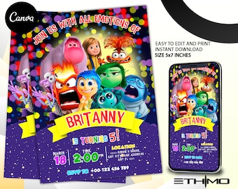 Pode incluir: Um convite imprimível roxo e amarelo com uma imagem de personagens de desenho animado do filme Divertida Mente. O convite diz "Join us with all emotions of Brittany is turning 5!" com uma data, hora e local.