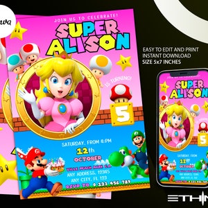 Convite Princesa Peach Super Mario Princesa Convite De Aniversário Download Instantâneo Modelo Canva de Convite para Festa Peach