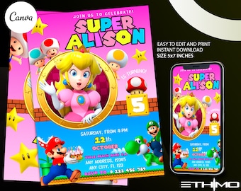 Princess Peach Invitation Super Mario Princess Birthday Invite Instant Download Peach Party Invitation Canva Template
