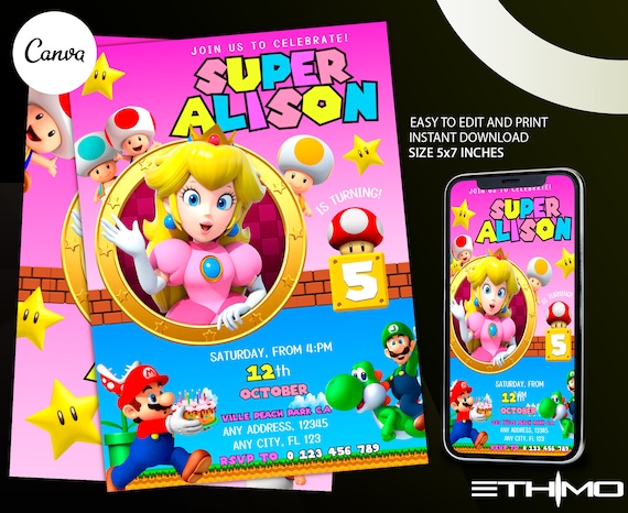 Princess Peach Invitation Super Mario Princess Birthday Invite Instant Download Peach Party Invitation Canva Template