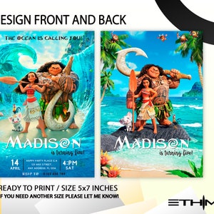 Pode incluir: Design frontal e traseiro de um convite de 5x7 polegadas com personagens de um filme de anima&ccedil;&atilde;o popular. O design frontal mostra personagens em uma praia com o texto "The Ocean is Calling You!" e detalhes da festa. O design traseiro mostra os mesmos personagens.