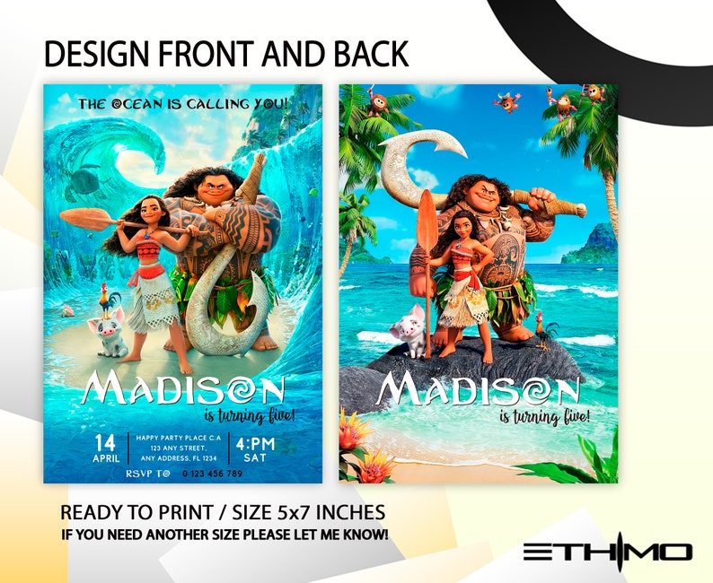 Pode incluir: Design frontal e traseiro de um convite de 5x7 polegadas com personagens de um filme de anima&ccedil;&atilde;o popular. O design frontal mostra personagens em uma praia com o texto "The Ocean is Calling You!" e detalhes da festa. O design traseiro mostra os mesmos personagens.