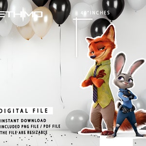 May include: Digital file download of a 40-inch tall cardboard cutout of the characters Nick Wilde and Judy Hopps from the animated movie Zootopia. The characters are standing side-by-side, with Nick in a green shirt and tie and Judy in a blue police uniform.
