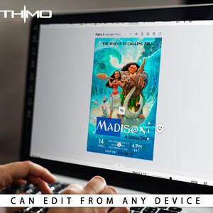 Pode incluir: Um ecr&atilde; de computador port&aacute;til mostra um convite personalizado com o texto "THE OCEAN IS CALLING YOU!" e "MADISON is turning five." O convite apresenta personagens de um filme de anima&ccedil;&atilde;o popular. O port&aacute;til tamb&eacute;m mostra o texto "CAN EDIT FROM ANY DEVICE."