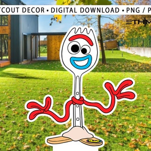 May include: A cutout of Forky from Toy Story, a red and white plastic spork with googly eyes, a blue smile, and red arms.  Forky is standing on a green lawn with a house in the background.