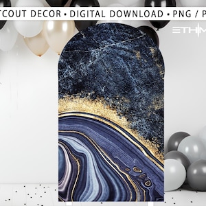 Puede incluir: Un telón de fondo en forma de arco azul marino y dorado con un diseño de mármol. El telón de fondo tiene un fondo azul oscuro con detalles dorados y un patrón veteado fluido. La parte superior de la imagen tiene el texto "CUTOUT DECOR • DIGITAL DOWNLOAD • PNG / PDF".