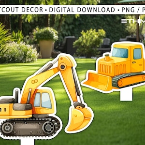 May include: Two yellow construction vehicle cutouts, an excavator and a bulldozer, are displayed on a green lawn. The excavator has a long arm and bucket, while the bulldozer has a front blade. The image includes the text "CUTOUT DECOR • DIGITAL DOWNLOAD • PNG / PDF".