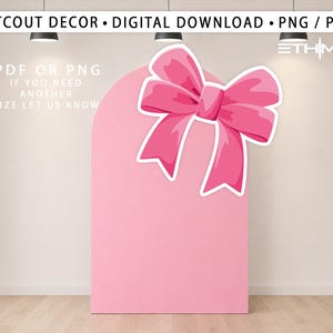 Peut inclure: Décoration découpée rose avec un grand nœud en haut. Le texte "CUTCOUT DECOR • DIGITAL DOWNLOAD • PNG / PDF" est en haut. Le texte "PDF OR PNG IF YOU NEED ANOTHER SIZE LET US KNOW" est à gauche.