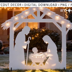 Puede incluir: Escena de la Natividad recortada en blanco con diseño de establo, con siluetas de María, José y el niño Jesús en un pesebre. La estructura está adornada con luces de cadena y el texto "CUTOUT DECOR • DIGITAL DOWNLOAD • PNG / PDF".