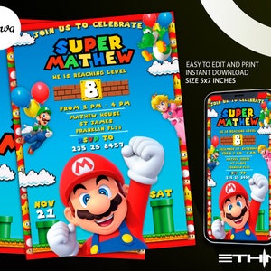 Invitation de garçon d’anniversaire de Mario Bros | Invitation d'anniversaire de Mario | Carte thème de fête d’anniversaire Mario | Invitation numérique | Invitation d'anniversaire pour enfants 5x7