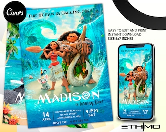 Editable Baby Moana Birthday Invitation | Printable Baby Moana Birthday invite | Kids party Template | Invite in Canva | Instant Download