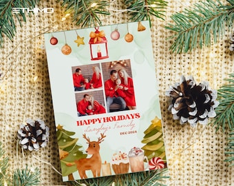 Photo Christmas Card Template, Merry Christmas Card, Bow Holiday Card, Classic Botanical Christmas Card, Digital Christmas Cards Template