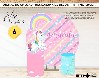 May include: A pink and white backdrop with a rainbow, stars, and stripes. The backdrop has the name "Amanda" written on it. There is a unicorn cutout in front of the backdrop. The backdrop is designed for a child's birthday party.