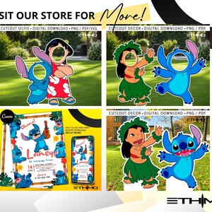 Puede incluir: Descarga digital imprimible de un accesorio de cabina de fotos recortado con Stitch y Lilo de Lilo & Stitch de Disney. El accesorio est&aacute; dise&ntilde;ado para una fiesta de cumplea&ntilde;os y presenta un fondo de c&eacute;sped verde. El accesorio mide 144,78 cm de alto.