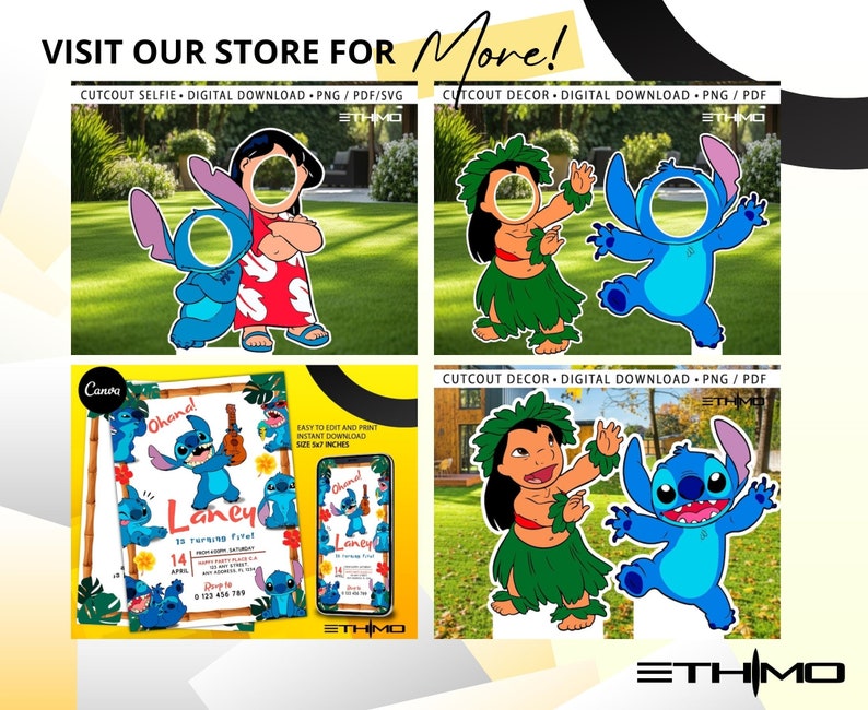 Puede incluir: Descarga digital imprimible de un accesorio de cabina de fotos recortado con Stitch y Lilo de Lilo & Stitch de Disney. El accesorio est&aacute; dise&ntilde;ado para una fiesta de cumplea&ntilde;os y presenta un fondo de c&eacute;sped verde. El accesorio mide 144,78 cm de alto.