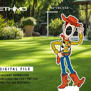 May include: A printable 40-inch tall digital cutout of Woody from Toy Story. The cutout is designed for a face-in-the-hole photo opportunity. The image includes a digital file download of a PNG and PDF file.