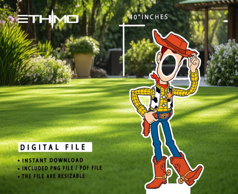 May include: A printable 40-inch tall digital cutout of Woody from Toy Story. The cutout is designed for a face-in-the-hole photo opportunity. The image includes a digital file download of a PNG and PDF file.