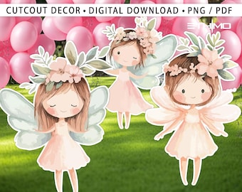 May include: Three cutout fairy decorations with floral crowns and wings, in shades of pink and white, stand on a green lawn. The fairies wear light pink dresses. The top of the image reads "CUTOUT DECOR • DIGITAL DOWNLOAD • PNG / PDF".