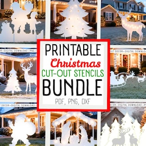 Puede incluir: Una colección de plantillas recortadas de Navidad blancas, que incluyen un árbol de Navidad, renos, Papá Noel y un belén. La imagen también presenta el texto "PRINTABLE Christmas CUT-OUT STENCILS BUNDLE PDF, PNG, DXF."