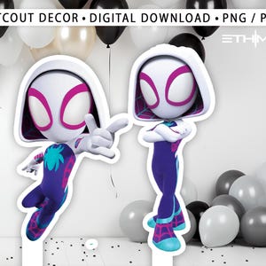 May include: Two digital cutouts of a cartoon character, Spider-Gwen, in a white hooded suit with a purple and blue spider web design. One cutout shows Spider-Gwen with her arms crossed, the other shows her with her arm outstretched, pointing.
