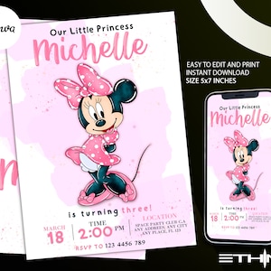 Bewerkbare Minnie Verjaardagsuitnodiging Geïnspireerde Uitnodiging ELKE LEEFTIJD Digitaal 5x7 Muis Roze Zwarte Stippen Kinderen Meisjes - Minnie Mouse kaartuitnodiging
