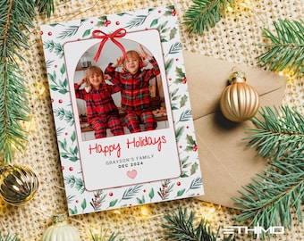 Photo Christmas Card Template, Merry Christmas Card, Bow Holiday Card, Classic Botanical Christmas Card, Digital Christmas Cards Template