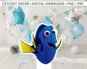 May include: A blue and yellow cutout of Dory, a character from the movie Finding Nemo, with a white background. The cutout is ready to be used as a party decoration.