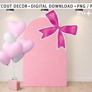 Puede incluir: Un telón de fondo rosa con un gran lazo magenta y globos en forma de corazón. Los globos son rosas y blancos, y una pequeña maleta rosa está en la base. El texto en la parte superior dice "CUTOUT DECOR • DIGITAL DOWNLOAD • PNG / PDF".