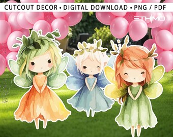 May include: Three cutout fairy figures with large wings and dresses in orange, blue, and green. The fairies have leaf and flower crowns and are set against a background of pink balloons and green grass. Text at the top reads "CUTOUT DECOR • DIGITAL DOWNLOAD • PNG / PDF".