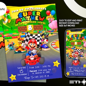Mario Kart feestvarken uitnodigen | Mario-verjaardagsuitnodiging | Mario verjaardagsfeestje themakaart | Digitale uitnodiging | Kinderen verjaardagsuitnodiging 5 x 7