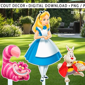 Puede incluir: Decoraciones de recortes con temática de Alicia en el País de las Maravillas que representan a Alicia, el Gato de Cheshire y el Conejo Blanco. Los personajes se representan en sus poses icónicas de la historia clásica. Las decoraciones están impresas sobre un fondo blanco y están listas para recortarse y utilizarse en fiestas o eventos.