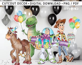Décorations Toy Story en carton, lot de décorations, thème Woody et ses amis, décoration pour fête d'anniversaire, accessoire à poser, téléchargement numérique