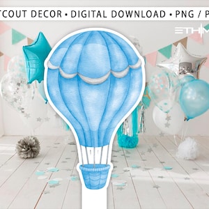May include: A blue watercolour hot air balloon with white accents. The balloon is surrounded by a variety of balloons in different colours and patterns.