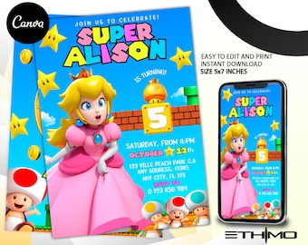 Princess Peach Invitation Super Mario Princess Birthday Invite Instant Download Peach Party Invitation Canva Template