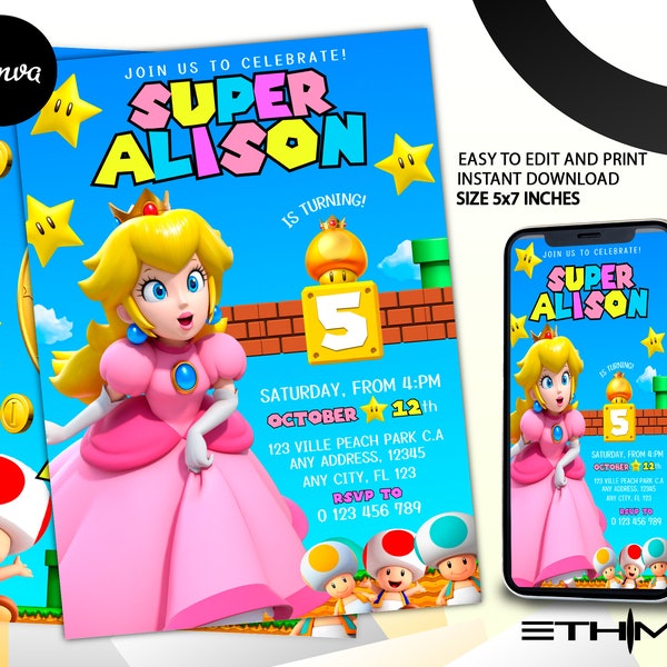 Princess Peach Invitation Super Mario Princess Birthday Invite Instant Download Peach Party Invitation Canva Template