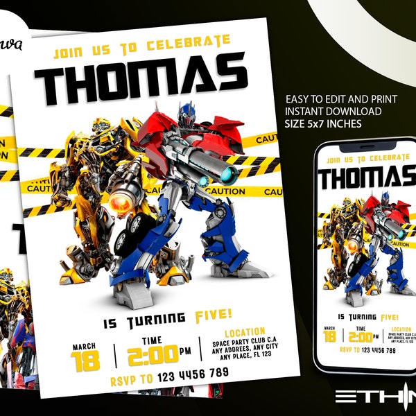 Rescue Bots Birthday Invitation, Optimus Prime invite, Autoboots party invitation, Bumblebee invitation, transformers party