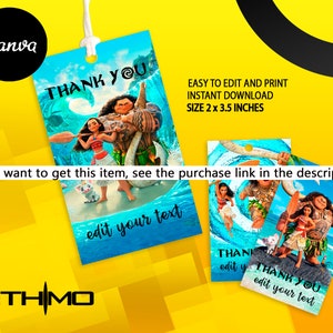 Pode incluir: Etiquetas de presente com personagens do filme de anima&ccedil;&atilde;o Moana, com o texto "THANK YOU" e "edit your text". As etiquetas medem 5,08 x 8,89 cm e incluem o logotipo Canva. O fundo &eacute; uma vibrante cena oce&acirc;nica.