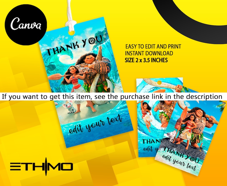 Pode incluir: Etiquetas de presente com personagens do filme de anima&ccedil;&atilde;o Moana, com o texto "THANK YOU" e "edit your text". As etiquetas medem 5,08 x 8,89 cm e incluem o logotipo Canva. O fundo &eacute; uma vibrante cena oce&acirc;nica.