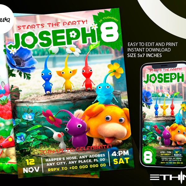 Pikmin Birthday Invitation, Pikmin Party Invite, Digital Invitation Instant Download Canva Template