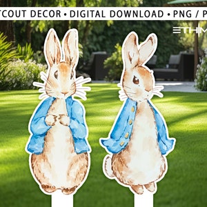 May include: Two watercolor illustrations of Peter Rabbit wearing a blue jacket. The rabbits are standing on a green grassy background.  The illustrations are for cutout decor.