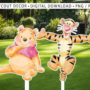 Puede incluir: Decoraciones de recorte de Winnie de Pooh y Tigger. Pooh lleva una camisa rosa y Tigger saluda con una gran sonrisa.