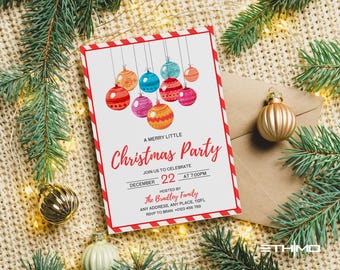 Merry Little Christmas Party Invitation, Holiday Party Invite, Printable Christmas Ornament Invitation Template, Festive Party Evite