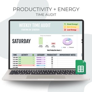 May include: A laptop screen displaying a weekly time audit spreadsheet with a green and white icon in the bottom right corner. The spreadsheet is titled "Weekly Time Audit" and includes columns for time, activity, category, productive, and improvement notes. The spreadsheet is for Saturday and includes a breakdown of energy levels and category hours. The spreadsheet is for the week starting on 2/10/2024.