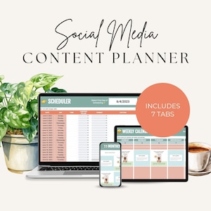 May include: A digital social media content planner with seven tabs, including a scheduler, weekly calendar, and monthly calendar. The planner is displayed on a laptop, tablet, and smartphone.