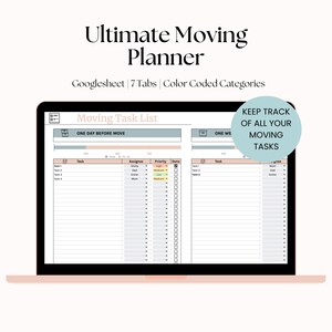 Könnte beinhalten: Ein digitaler Planer für den Umzug, mit einer Google Sheet-Oberfläche. Der Planer verfügt über sieben Registerkarten, farbcodierte Kategorien und eine Aufgabenliste für den Tag vor dem Umzug. Der Text auf dem Bildschirm lautet "Moving Task List" und "One Day Before Move".