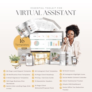 Puede incluir: Kit esencial para asistente virtual, con 16 plantillas. La imagen muestra un portátil con un panel de control, un smartphone, un maletín y varios documentos. El kit incluye plantillas para imanes de clientes potenciales, publicaciones de Instagram, hojas de ruta de clientes, etc.