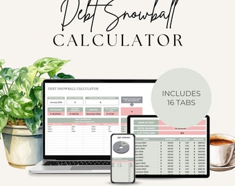May include: A digital debt snowball calculator spreadsheet on a laptop screen, a smartphone screen showing a debt overview chart, and a cup of coffee. The spreadsheet has a pink and green color scheme and includes a debt balance, minimum payments, due date, and total interest paid. The smartphone screen shows a pie chart and a table with dates and payment amounts. The text "Debt Snowball Calculator" is written in a cursive font at the top of the image.