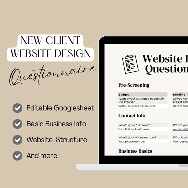 Customizable Website Design Client Questionnaire - Editable GoogleSheet for Web Designers