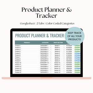 May include: A computer screen displaying a product planner and tracker spreadsheet. The spreadsheet is colour-coded and includes columns for product name, category, shop section, date, and status. The status column shows whether a product is complete or in progress.