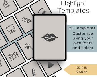 May include: A digital tablet displaying a gray lips icon, surrounded by other gray icons. The text reads "20 Instagram Highlight Templates" and "Customize using your own fonts and colors."
